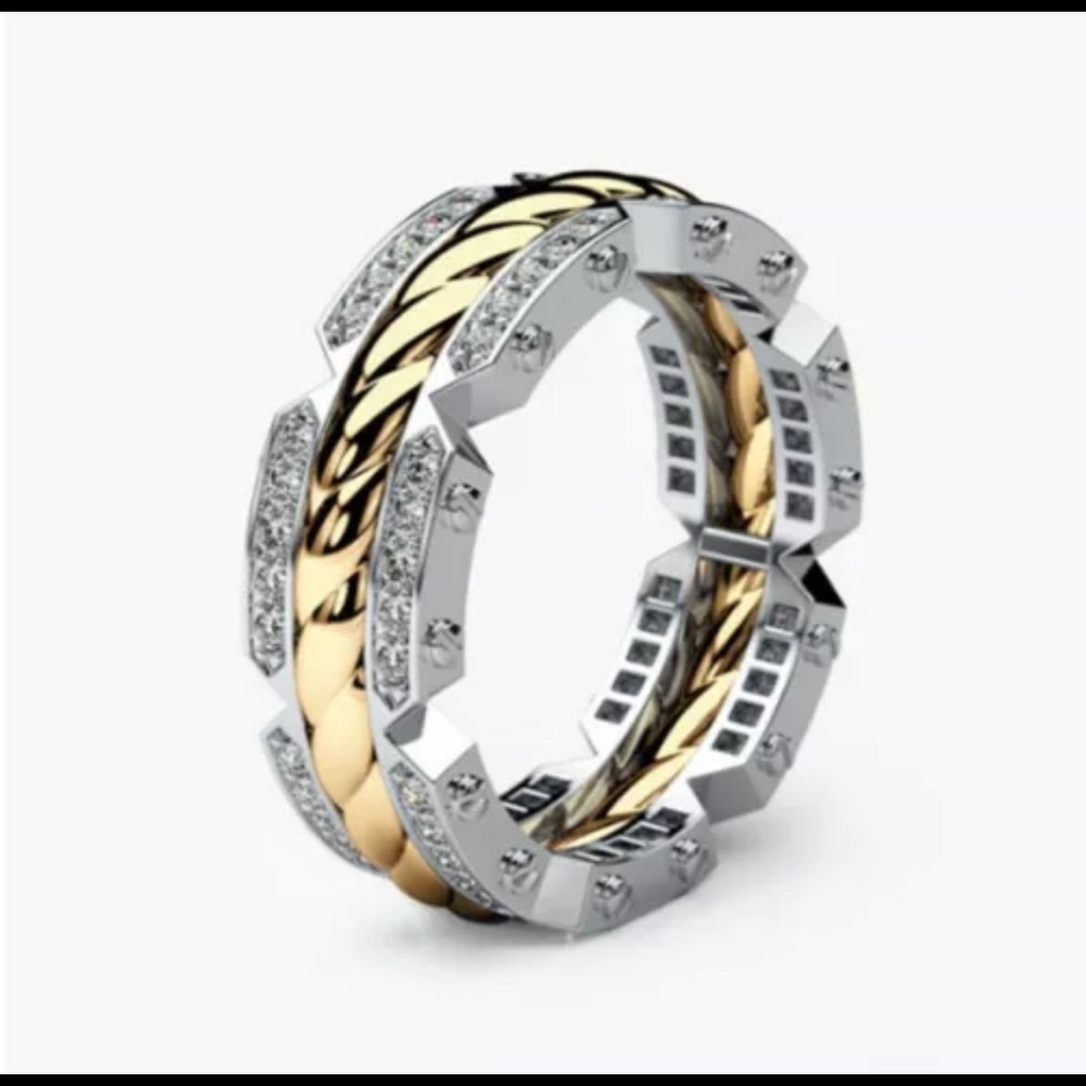 Mens Fashion Modern 14K Gold Two Tone Rope Ring